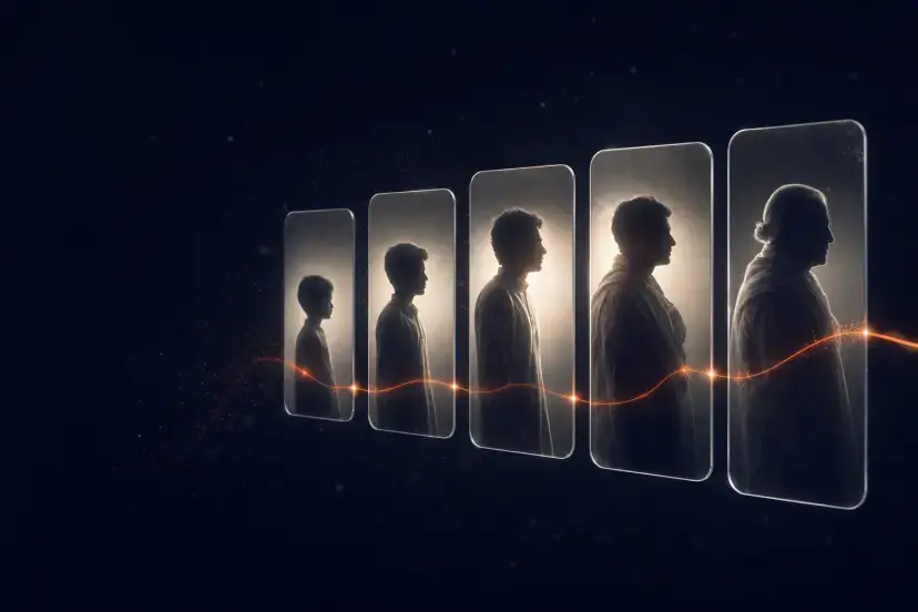 Silhouettes of one person across life stages, linked by an orange thread