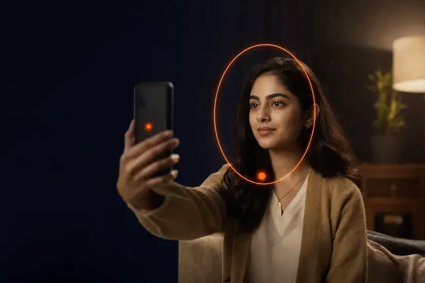 A woman recording a selfie video on her phone inside an orange guide frame