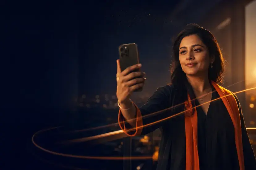 A woman taking a photo on her phone at golden hour, an orange light trail around her