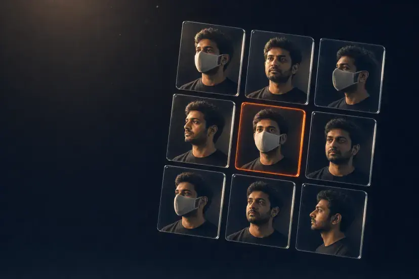 A grid of portrait tiles of one man, with and without a face mask, one tile highlighted in orange