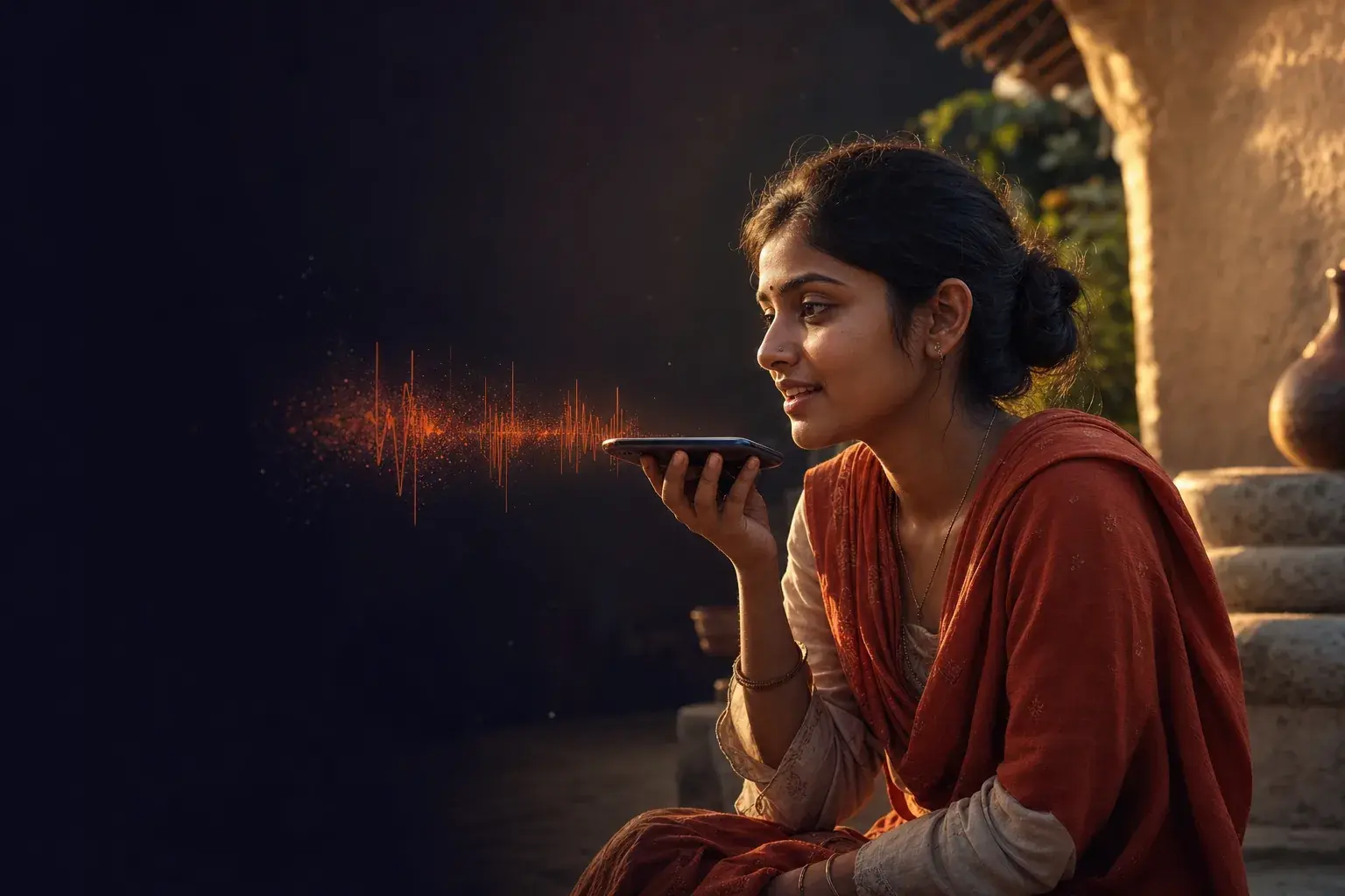 A woman in a village courtyard speaking into her phone, an orange sound wave rising from it
