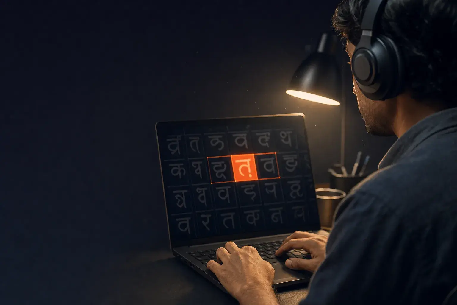 A man in headphones typing on a laptop that shows a grid of Devanagari letters, one highlighted in orange