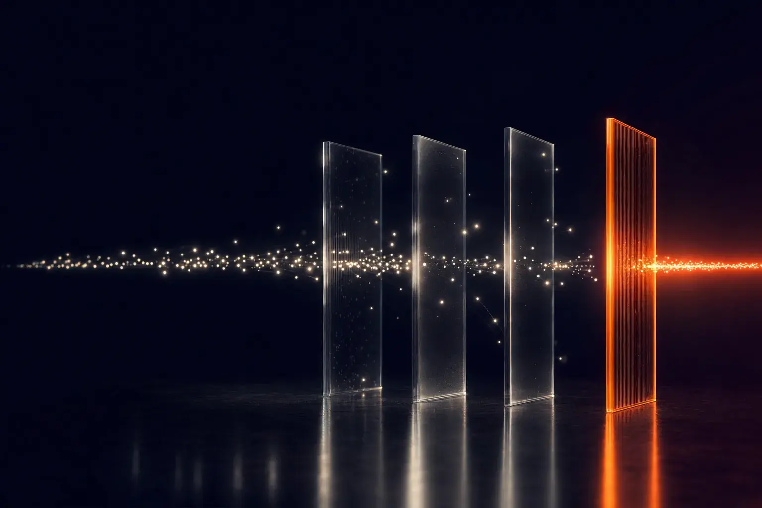 A stream of light passing through four glass panels, the last one glowing orange