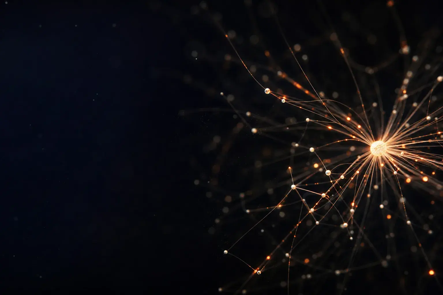 Glowing threads and nodes converging on one bright central point
