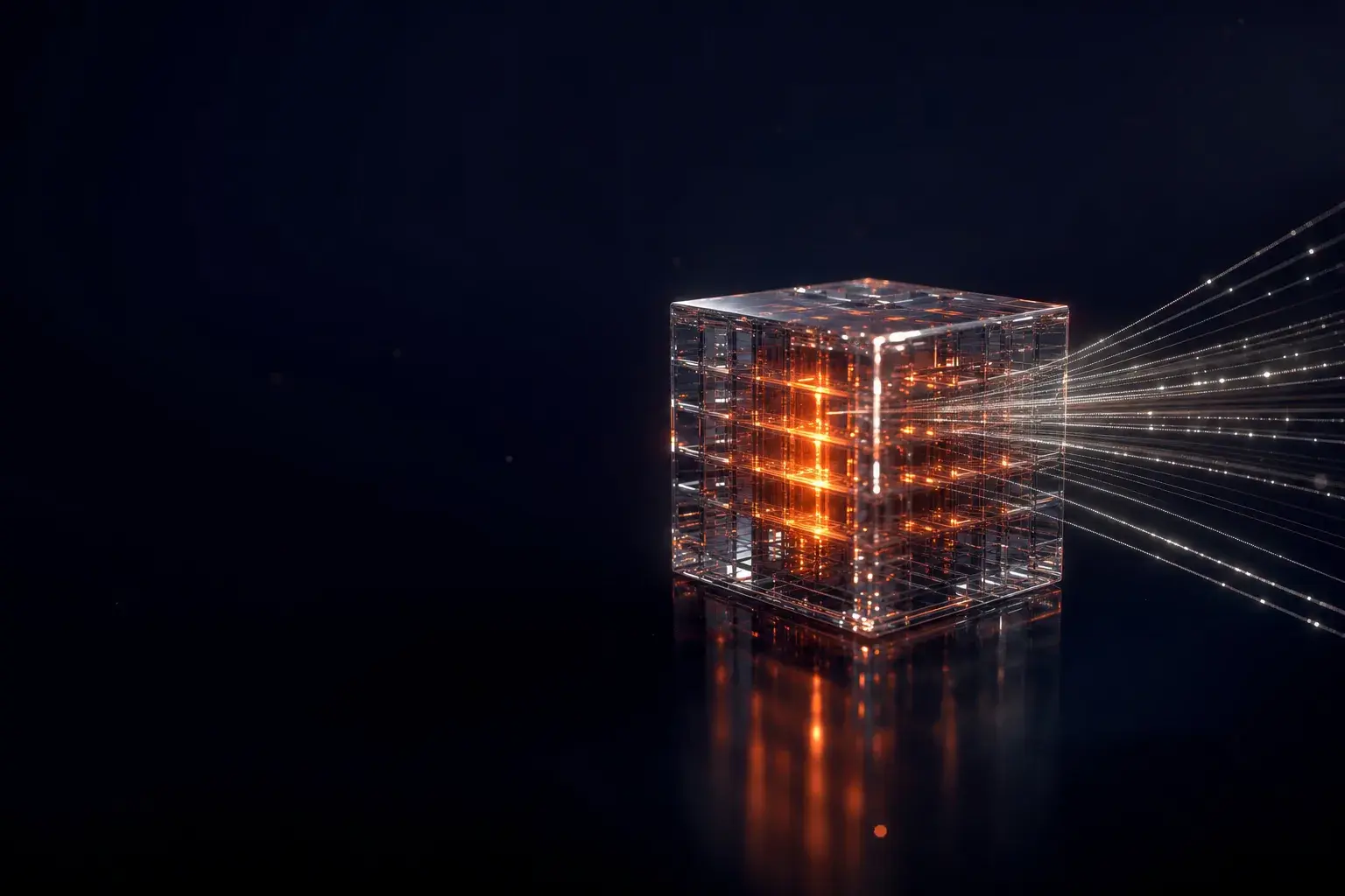 A glass cube lit orange from within, with streams of light flowing out of it